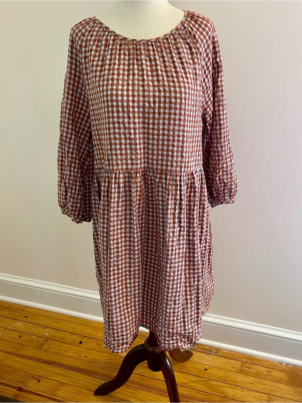 Madewell Rust Gingham Cotton Tiered Mini Dress Balloon Sleeve 8